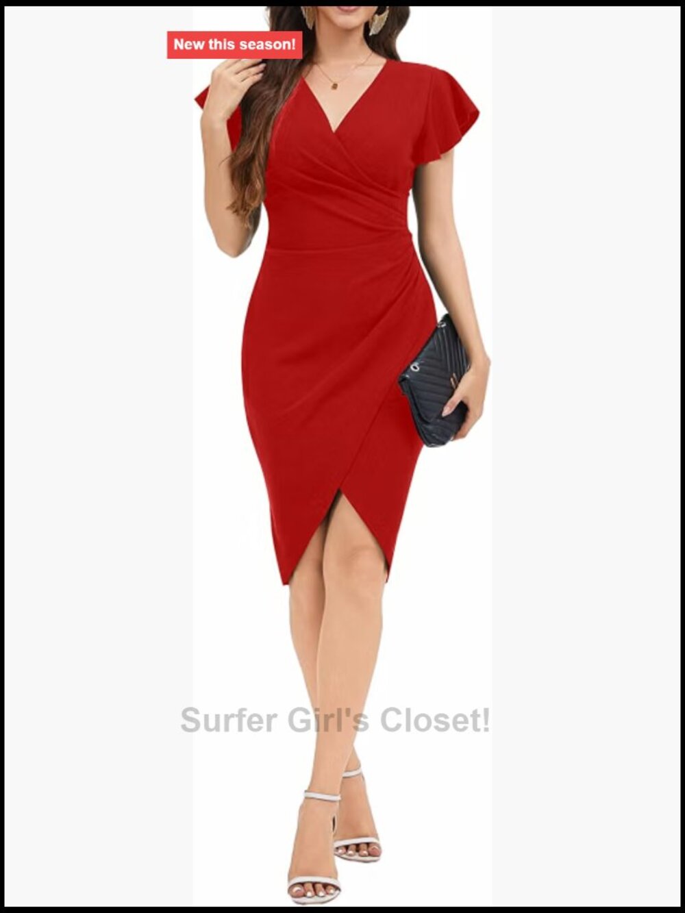 Women's Puff Short Sleeve V-Neck Ruched Bodycon Cocktail Party Dress